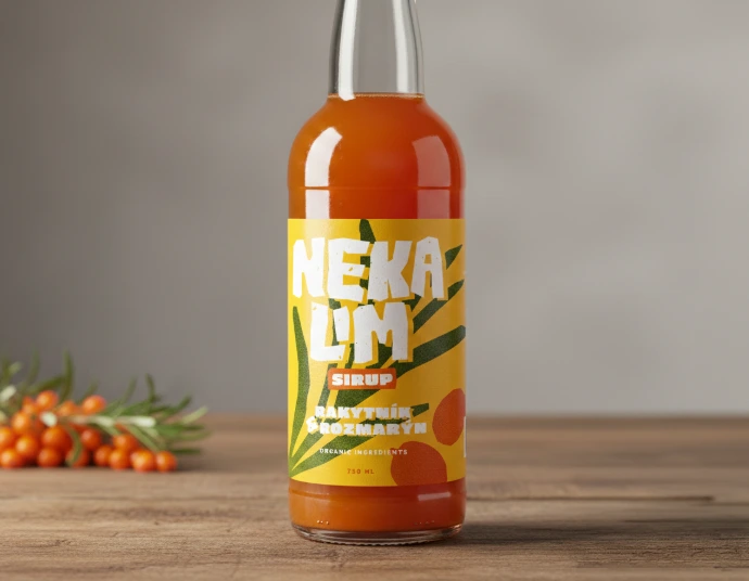 Lahev domácí rakytníkové limonády na světlém pozadí.